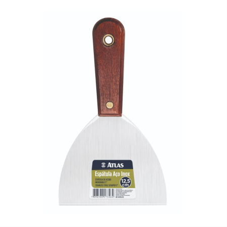 ESPÁTULA DE AÇO INOX 12,5 CM ATLAS (Cabo Madeira) - Nono do Gesso | Largura Aumentada para Aplicação Rápida de Massa em Drywall