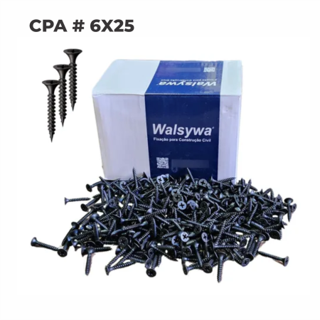 CAIXA PARAFUSO WALSYWA CPA #6X25 PHS - Nono do Gesso | Cabeça Trombeta para Fixação Segura de Placas em Madeira/MDF