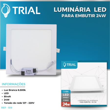 LUMINÁRIA LED QUADRADA DE EMBUTIR TRIAL 24W - Nono do Gesso | Luz Branca 6.500K Bivolt - Perfeita para Forros de Drywall