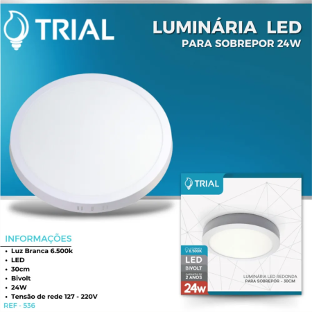 LUMINÁRIA LED REDONDA DE SOBREPOR TRIAL 24W - Nono do Gesso | Luz Branca 6.500K Bivolt - Instalação Rápida em Drywall