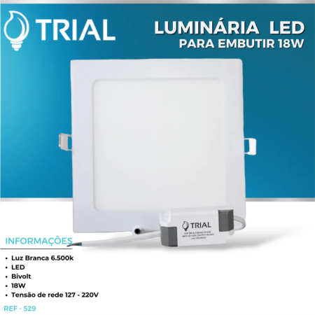 LUMINÁRIA LED QUADRADA DE EMBUTIR TRIAL 18W - Nono do Gesso | Luz Branca 6.500K Bivolt - Ideal para Forros de Gesso
