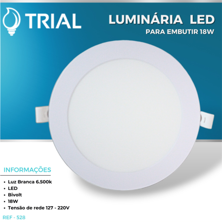 LUMINÁRIA LED REDONDA DE EMBUTIR TRIAL 18W - Nono do Gesso | Luz Branca 6.500K Bivolt - Design Suave para Forro de Gesso