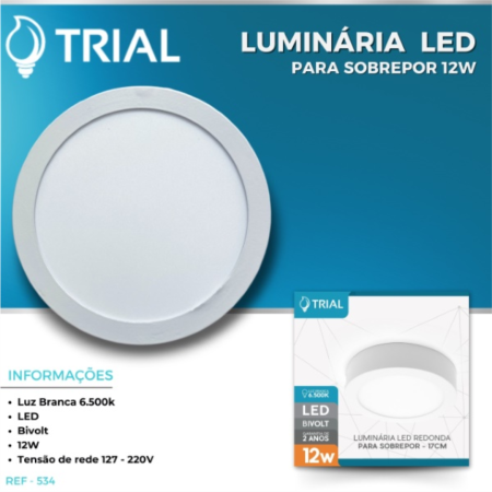 LUMINÁRIA LED REDONDA DE SOBREPOR TRIAL 12W - Nono do Gesso | Luz Branca 6.500K Bivolt - Econômica e Fácil Instalação